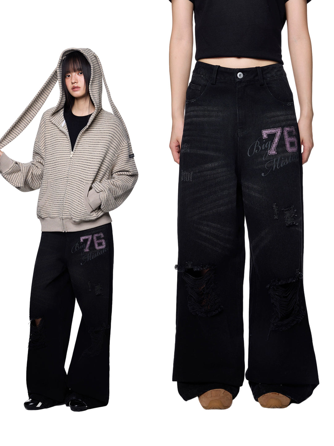 Versleten Gescheurde Print Losse Rechte Broek