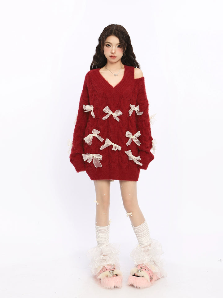 Bow Off-Shoulder Knit Sweater