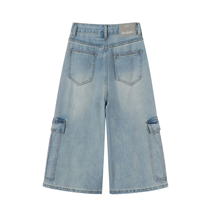 Denim Wide-Leg Cropped Cargo Pants