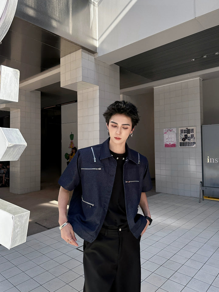 Short Sleeve Zipper Lapel Denim Jacket