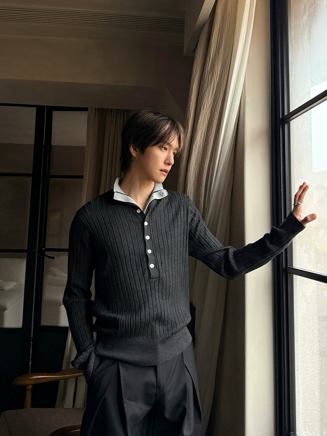 Ribbed Knit Button Pullover