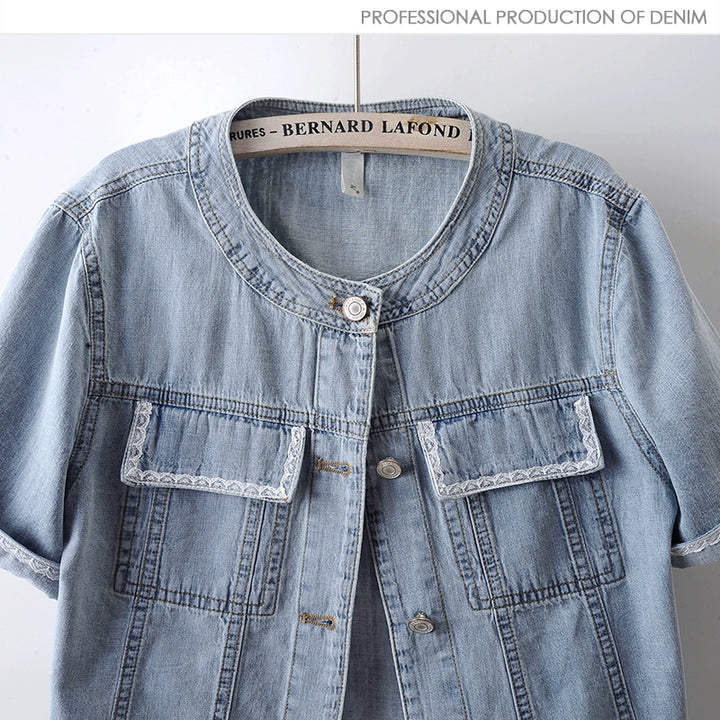 جاكيت جينز بياقة دائرية بأكمام قصيرة