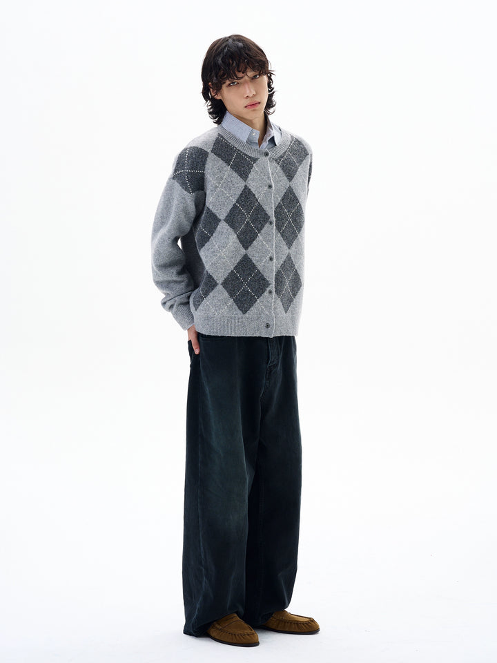 Cardigan de Tricô Argyle Estilo Universitário