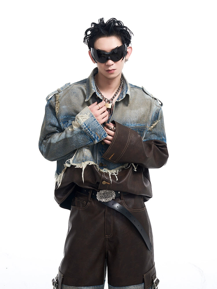 Damaged Denim Leather Patchwork Jacket and Pants