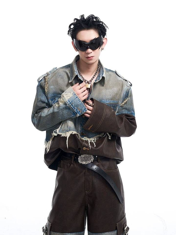 Damaged Denim Leather Patchwork Jacket and Pants