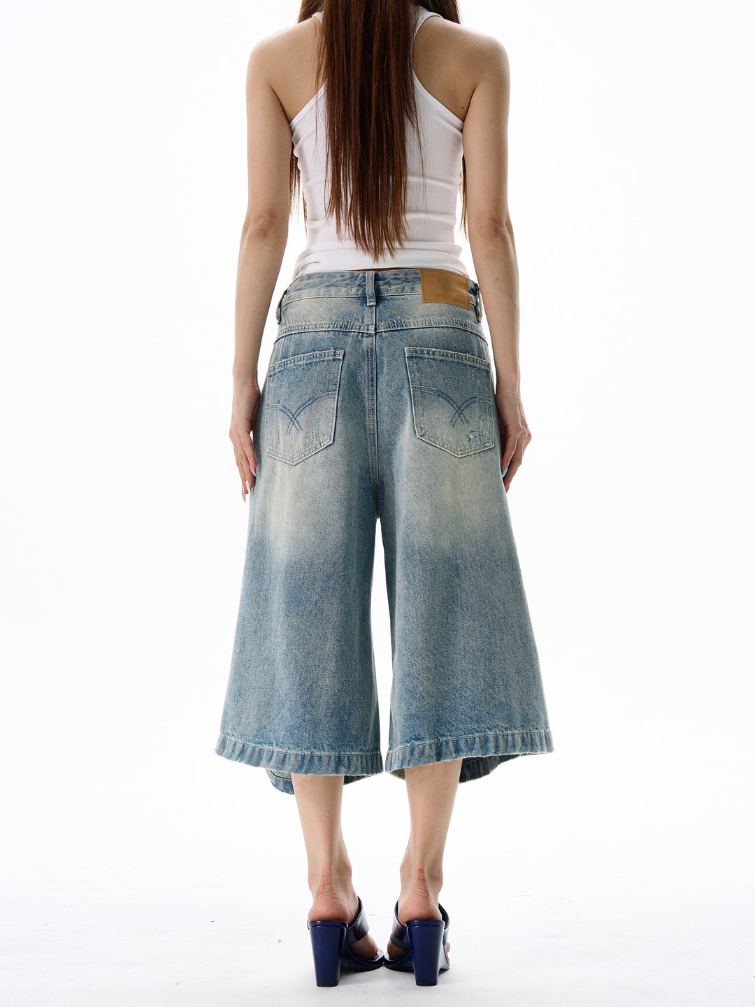 Ripped Denim Seven-Point Wide-Leg Pants