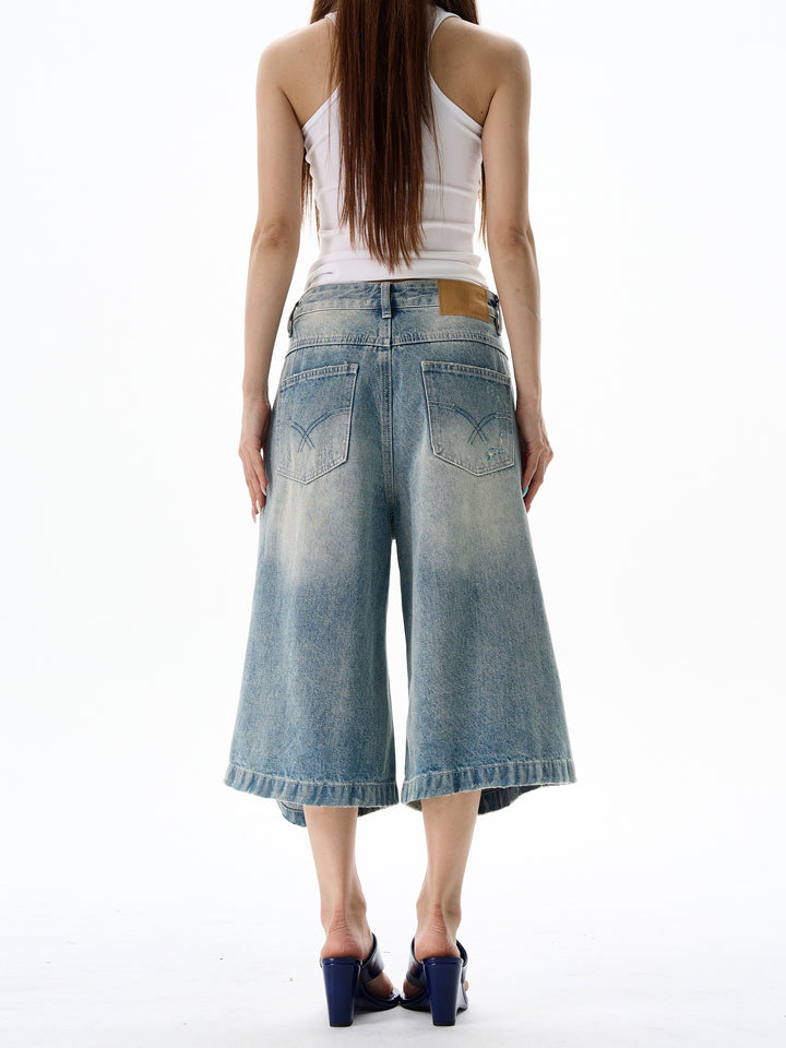 Ripped Denim Seven-Point Wide-Leg Pants
