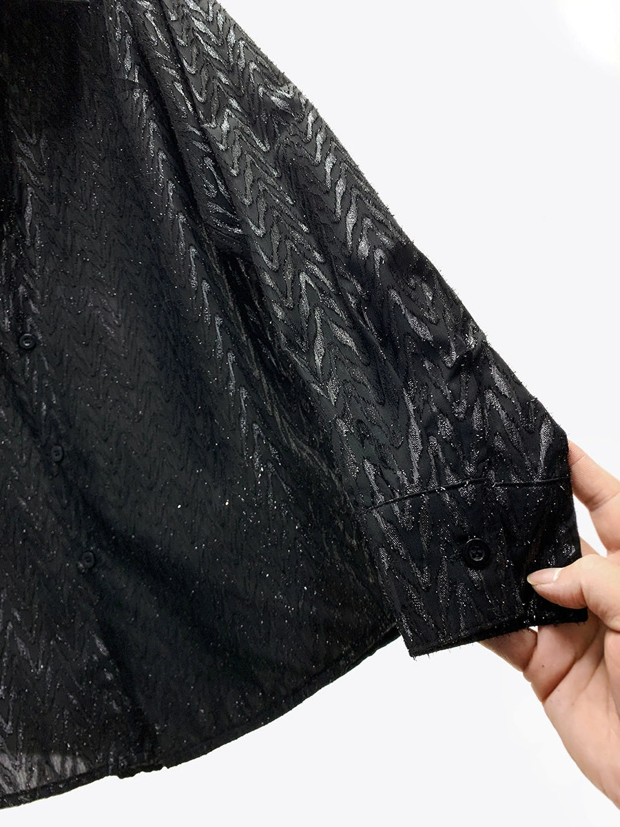 Mesh Pointed Collar Ripple Pattern Shirt