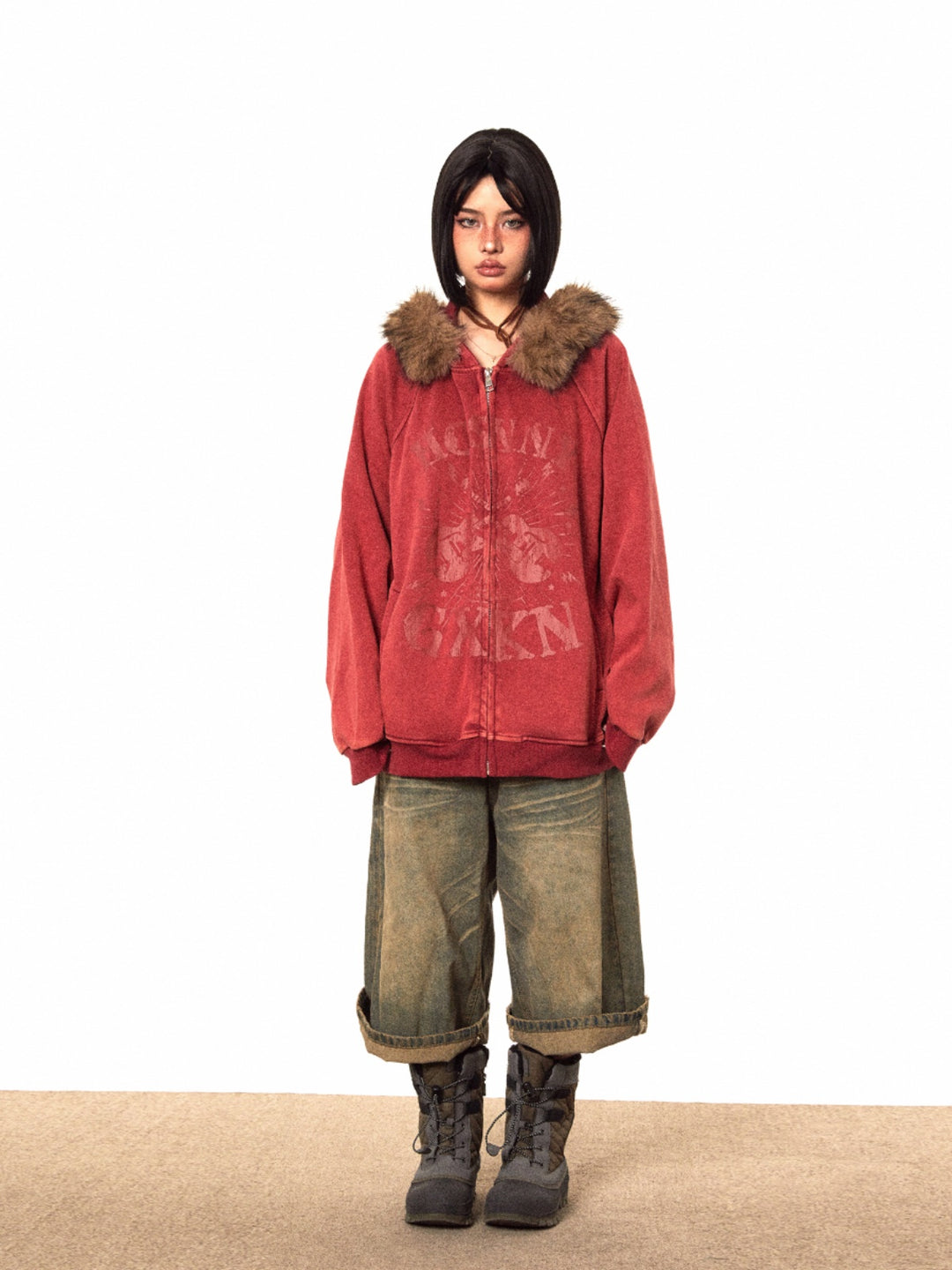 Fur Collar Hooded Zipper Sweatshirt