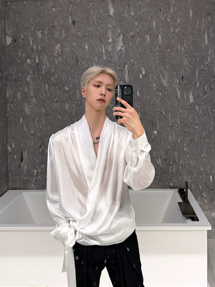 Satin Chiffon V-Neck Wrap Shirt