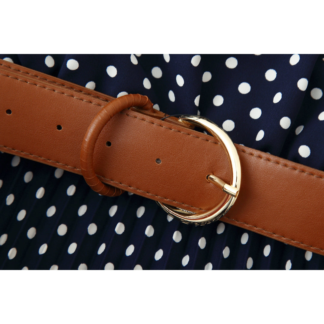 فستان ميدي بحمالات على شكل طوق مزخرف بنقاط البولكا ومربوط بحزام