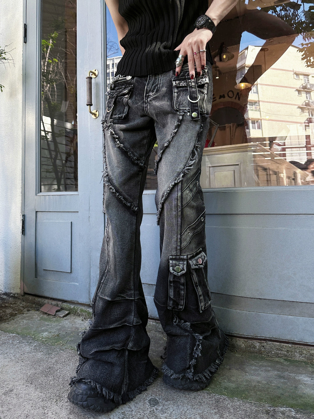 Distressed Flare Cargo Denim Pants