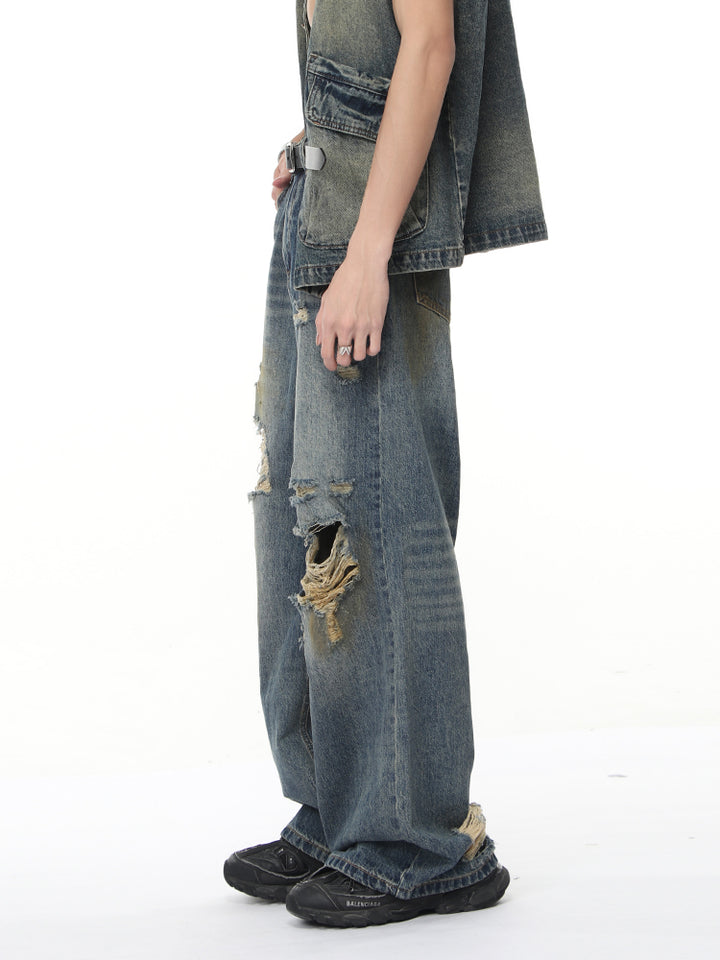 Relaxed Fit Ripped Straight Jeans