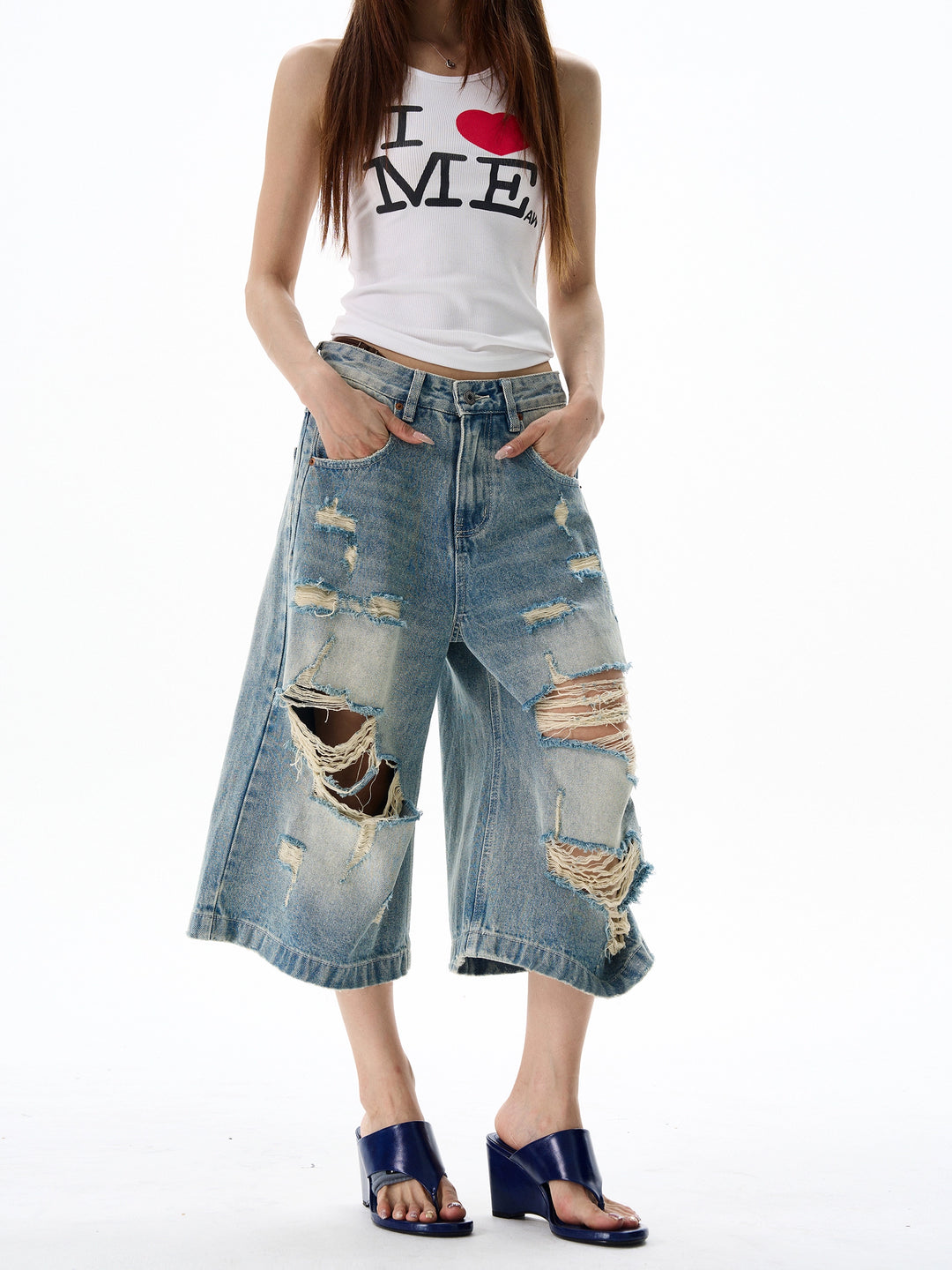Ripped Denim Seven-Point Wide-Leg Pants