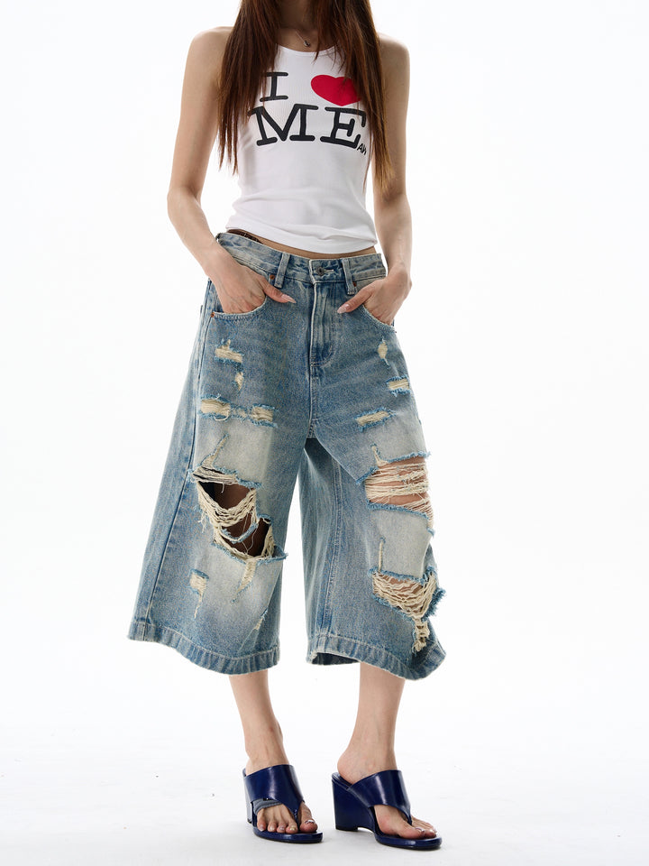 Ripped Denim Seven-Point Wide-Leg Pants