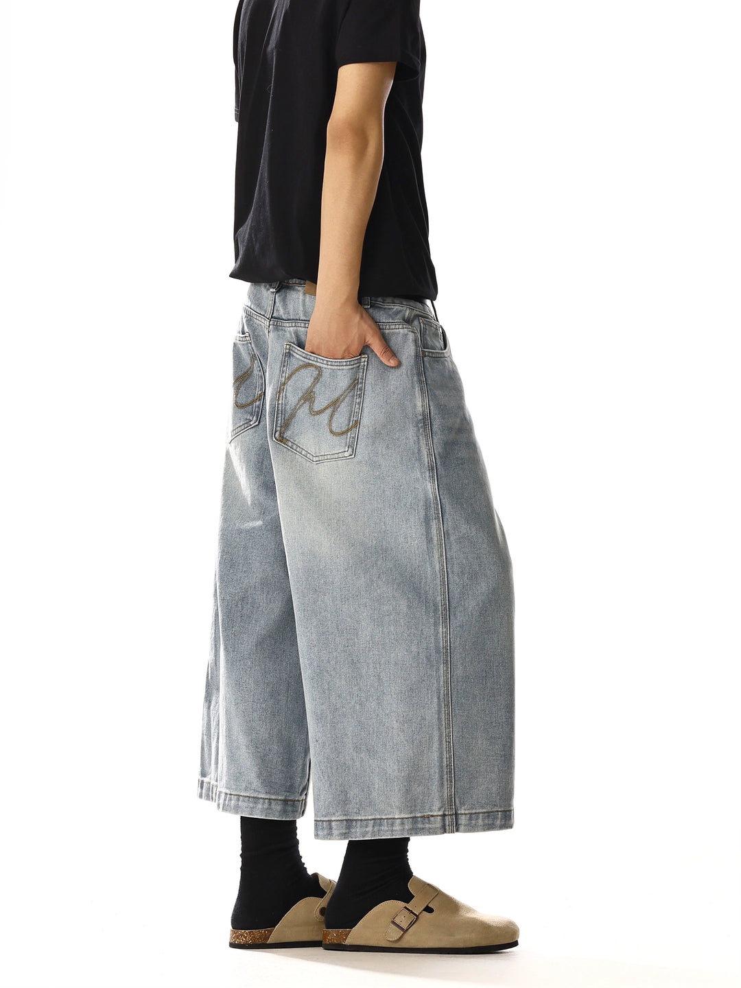 Wide-Leg Cropped Denim Pants with Embroidery