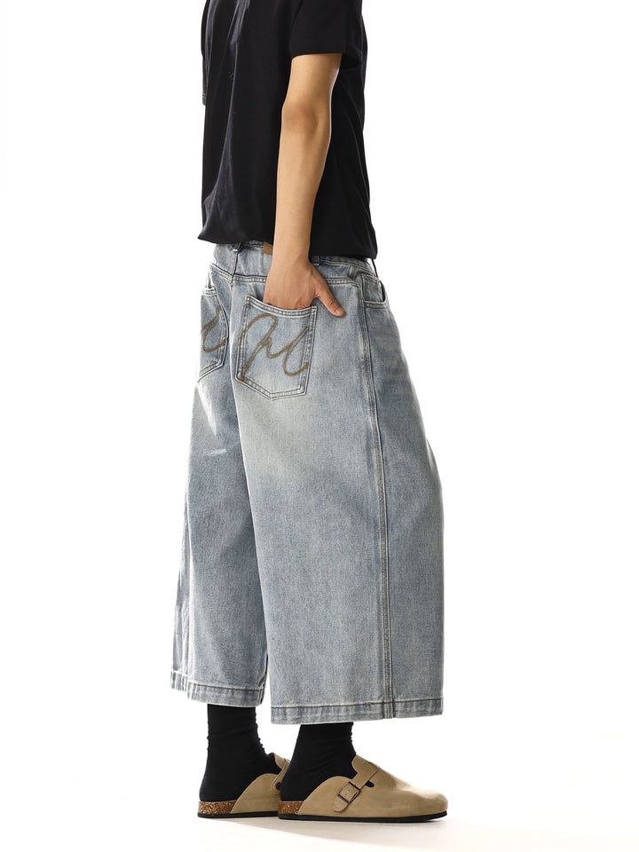 Wide-Leg Cropped Denim Pants with Embroidery