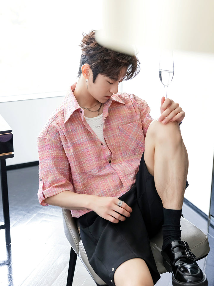 Seersucker Plaid Casual Button-Up Shirt