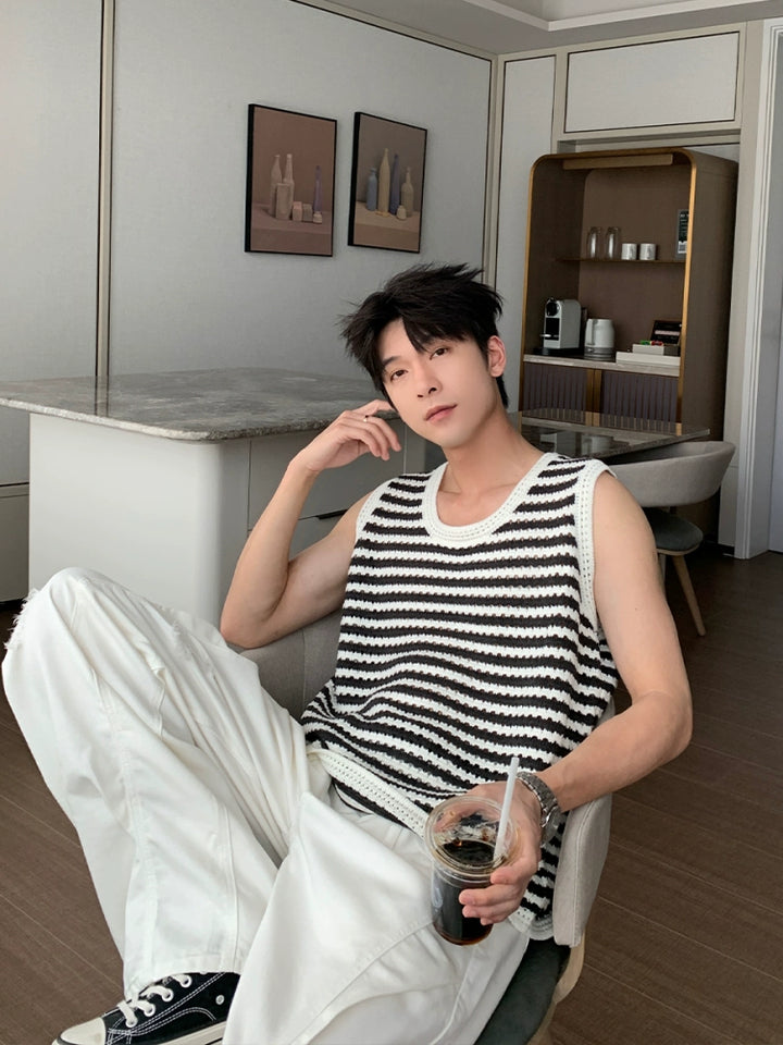 줄무늬 니트 통기성 와이드 숄더 조끼