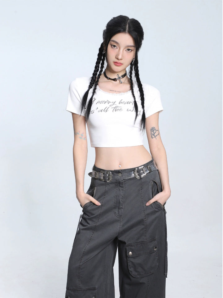 U-neck Lace Trim Cropped T-shirt