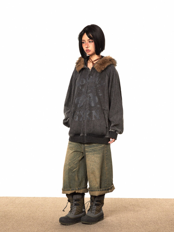 Fur Collar Hooded Zipper Sweatshirt