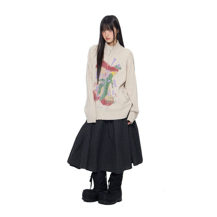 Letter Print Knitted Zip Sweater