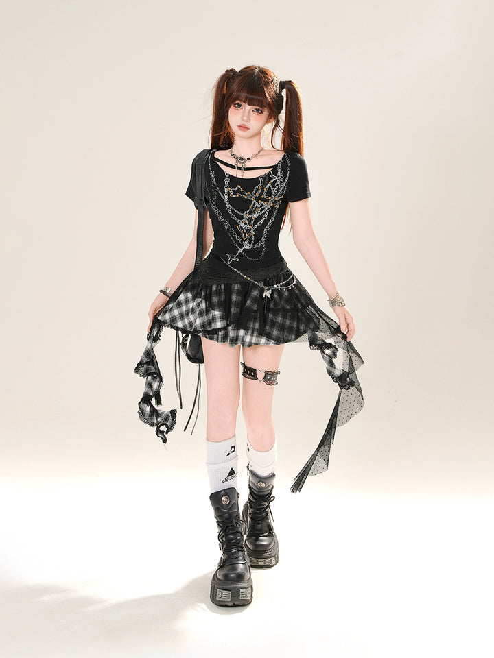 Irregular Lace Short Sleeve Slim Turtleneck