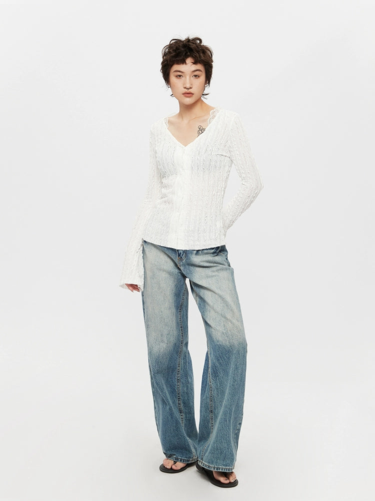 Textured V-neck Lace Long Sleeve Top