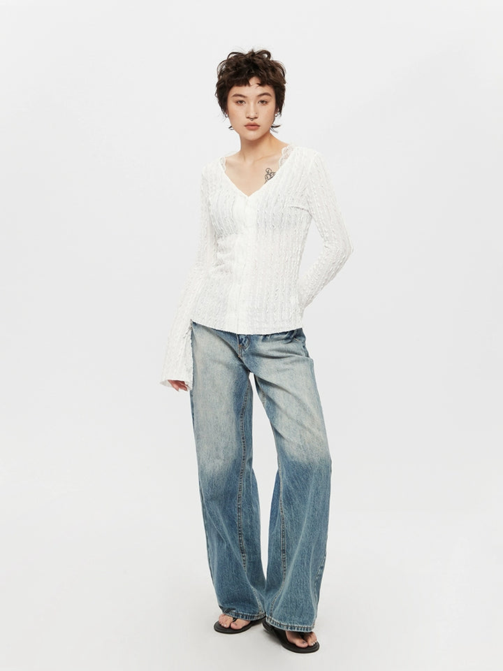 Textured V-neck Lace Long Sleeve Top