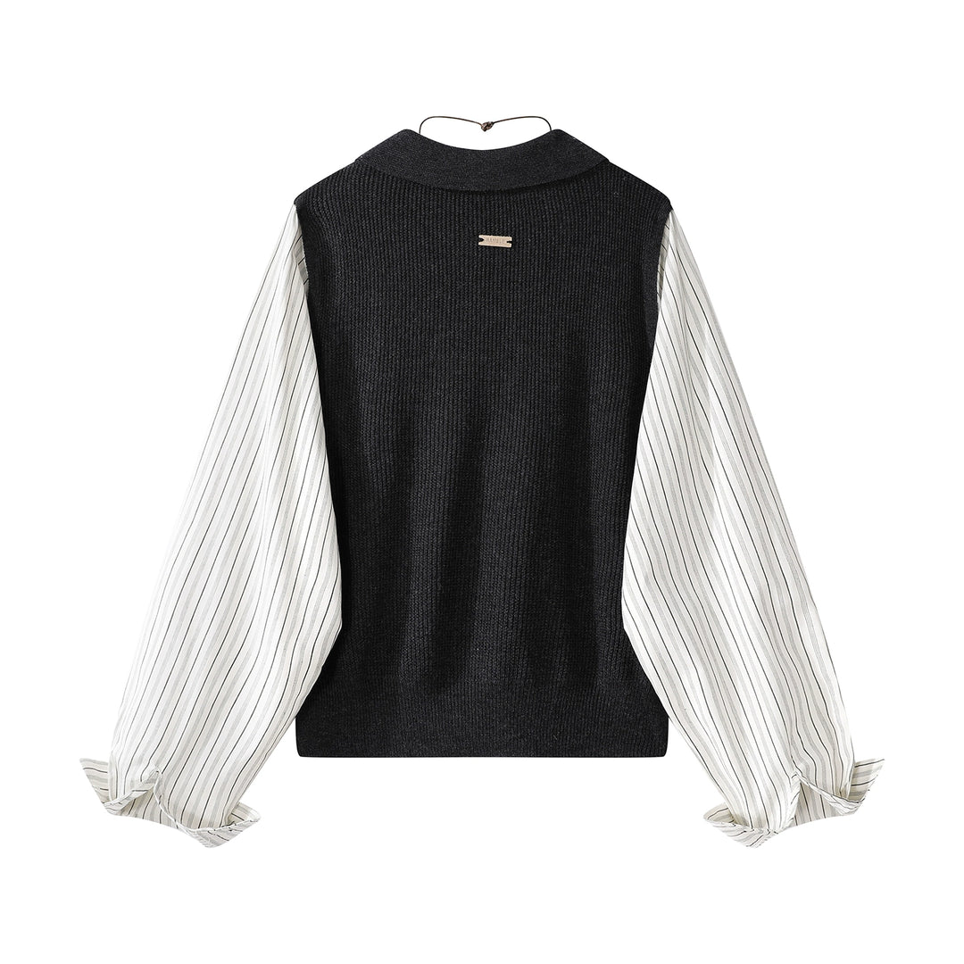 Striped Sleeves Collared Knit Vest Shirt