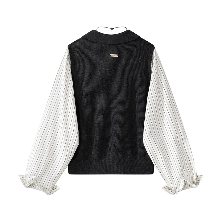 Striped Sleeves Collared Knit Vest Shirt