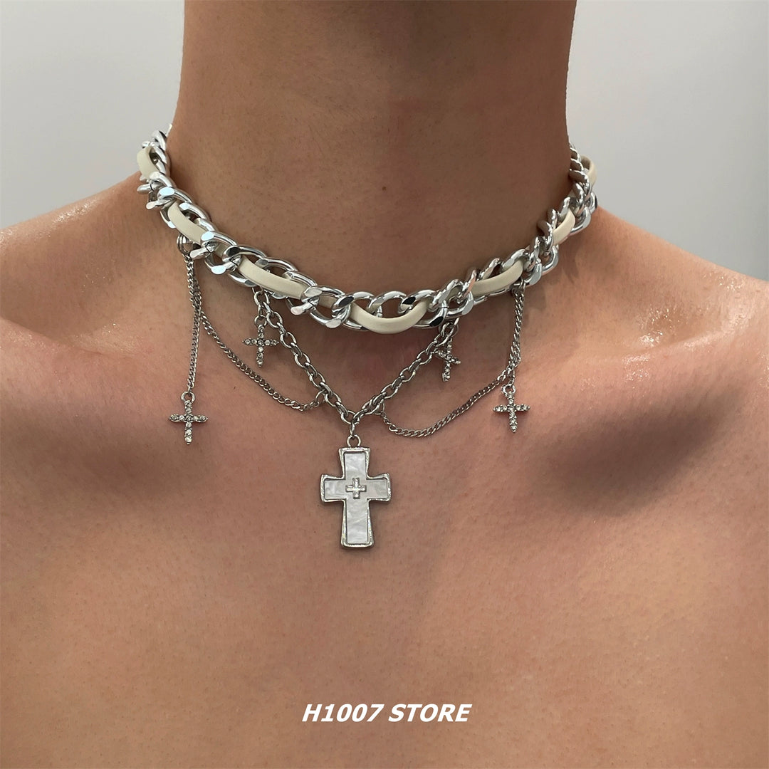 Cross Pendant Layered Leather Choker