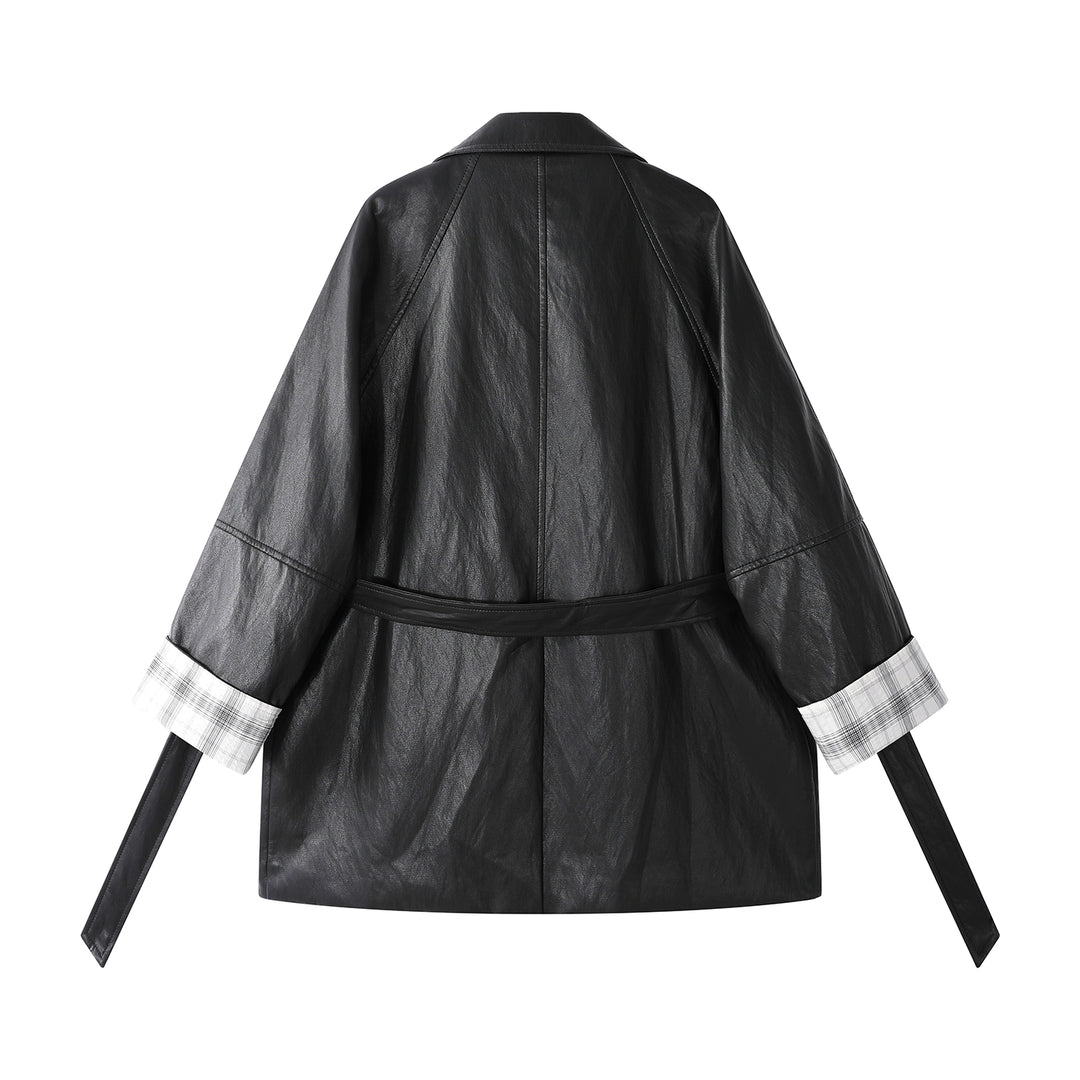 Plaid Cuff Leather Lapel Jacket