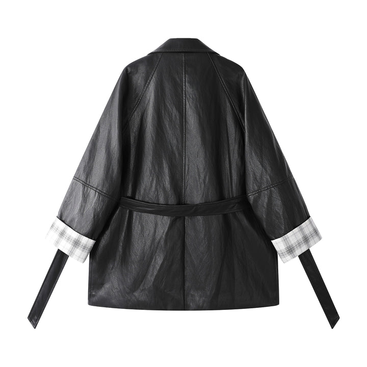 Plaid Cuff Leather Lapel Jacket