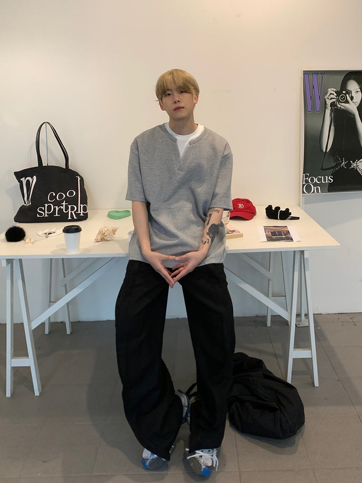 브이넥 루즈 핏 반팔 풀오버