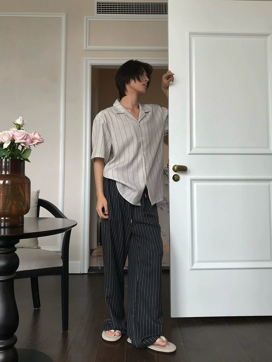 Drawstring Elastic Waist Striped Loose Pants