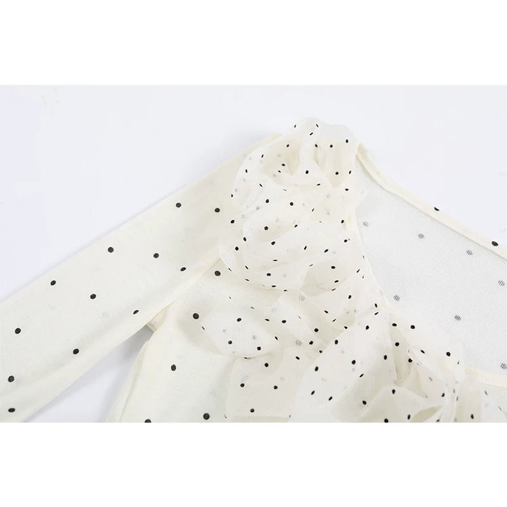 Polka Dot Ruffle Trim Long Sleeve Top