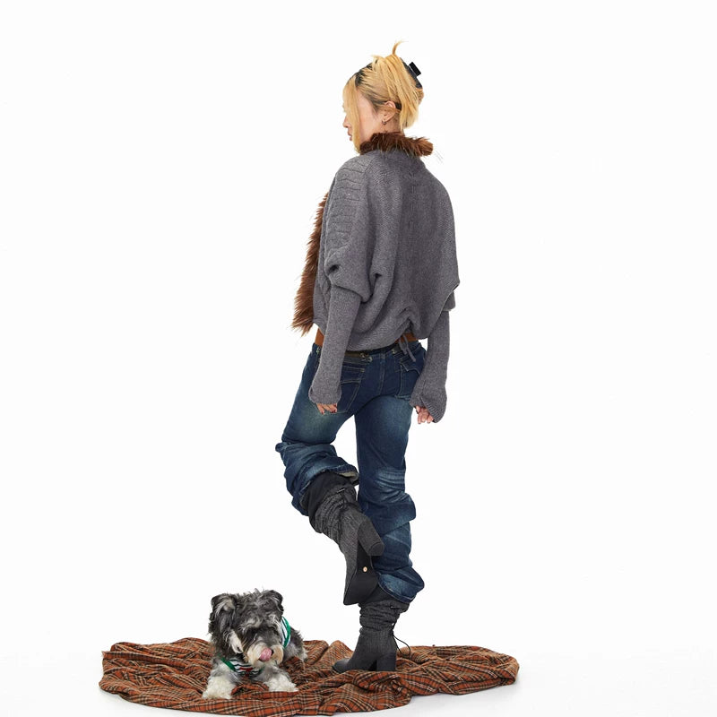 Fur Collar Sleeves Knitted Cardigan