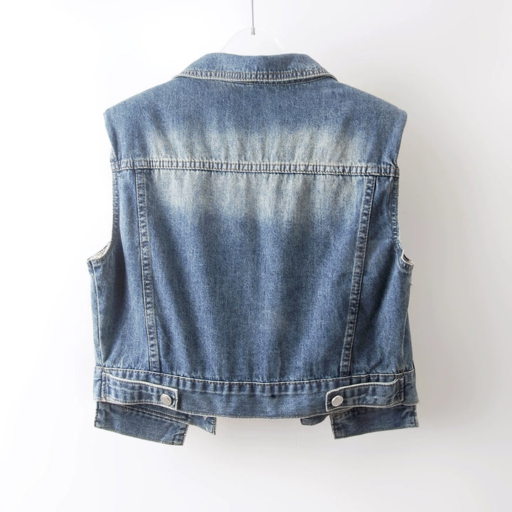 Colete de Jeans Sem Manga com Lapela