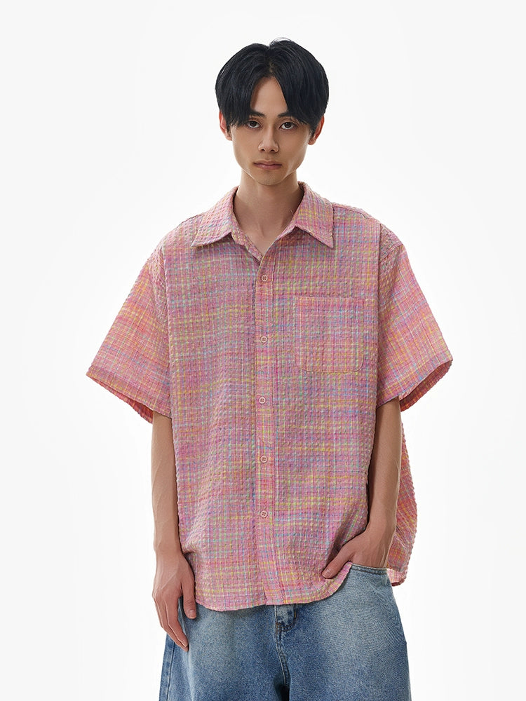 Plaid Short Sleeve Cuban Collar Shirt
