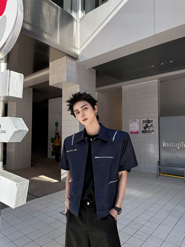 Short Sleeve Zipper Lapel Denim Jacket