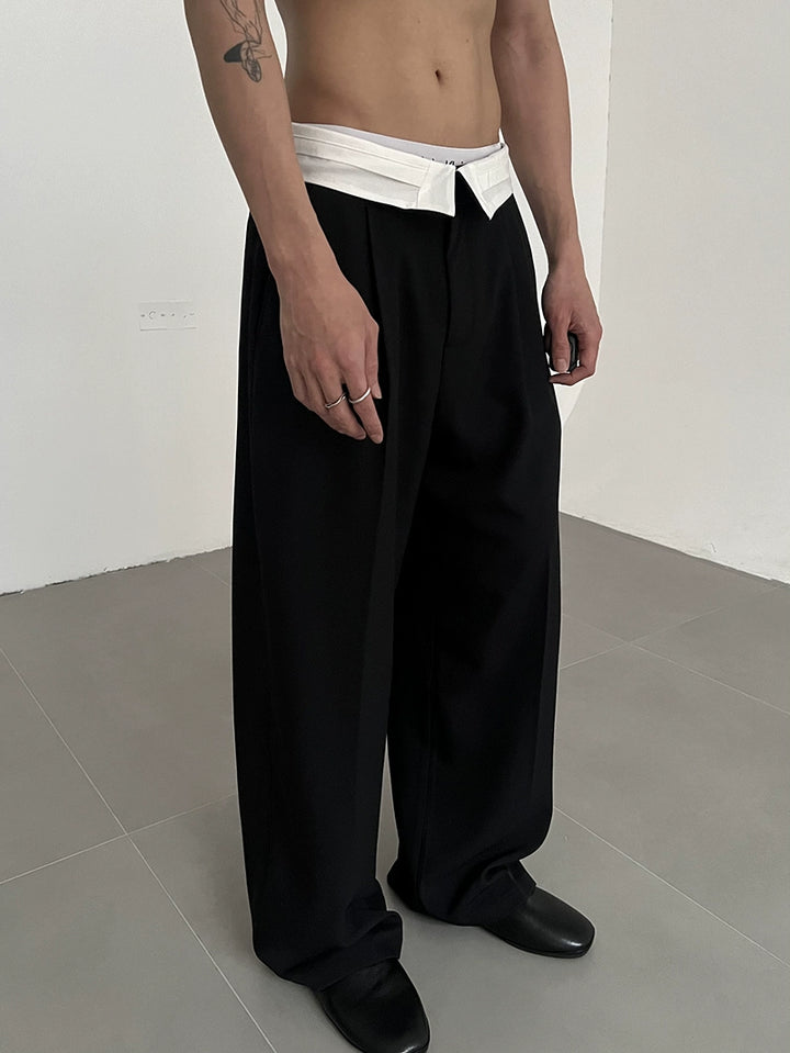 Pleated Wide Leg Contrast Waist Pants