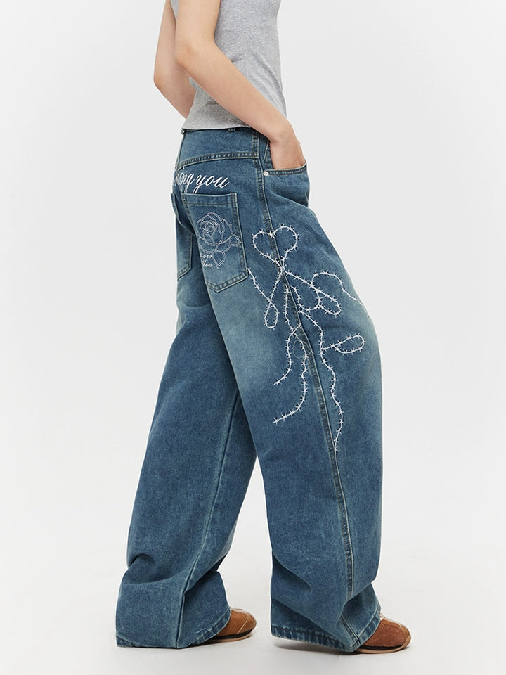 Embroidered Wide-Leg Straight Jeans