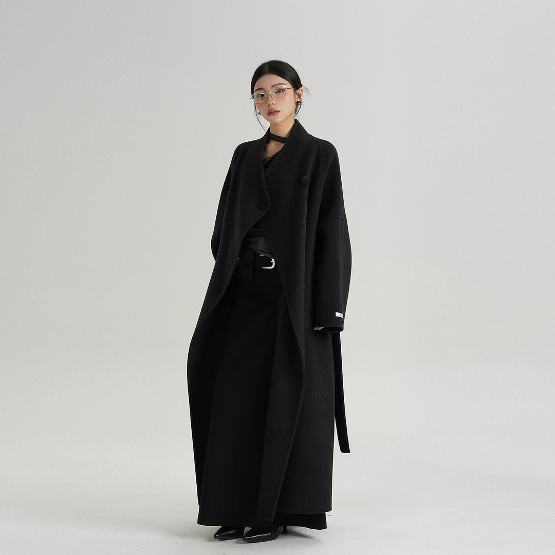 Mid-Length Wool Coat with Oblique Collar