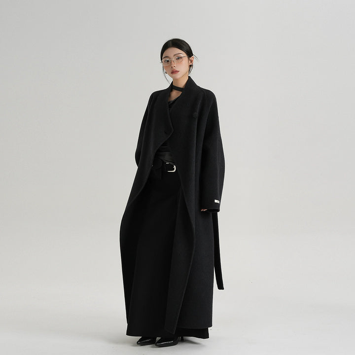 Mid-Length Wool Coat with Oblique Collar