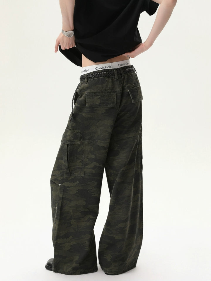 Gestreepte Geplooide Riem Dubbele Zak Jeans