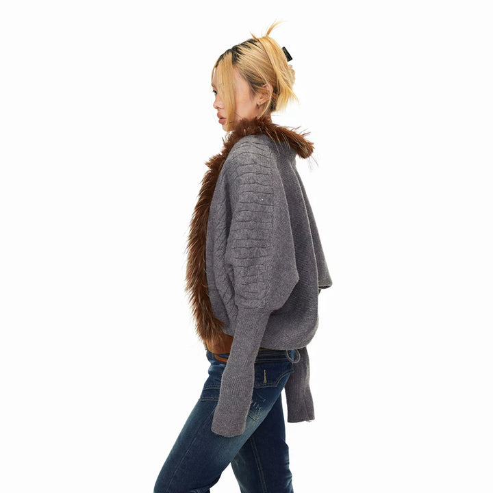 Fur Collar Sleeves Knitted Cardigan