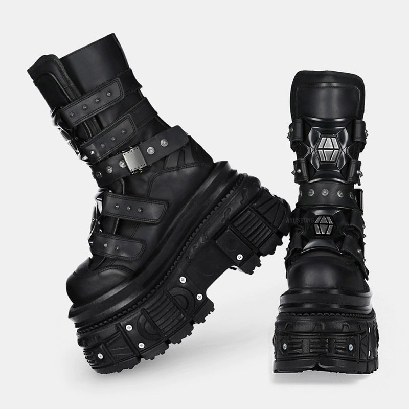 Thick-Soled Leather Platform Motorcycle Boots