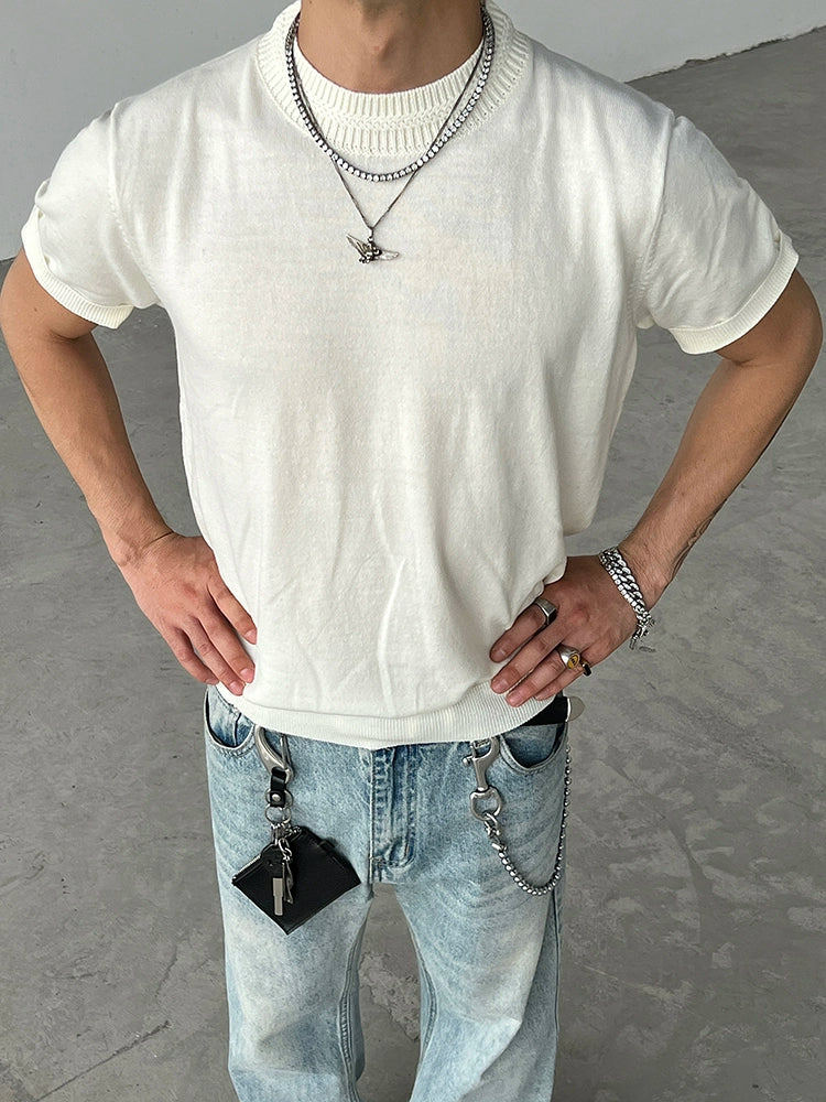 Ribbed Collar Slim Fit Knit T-Shirt