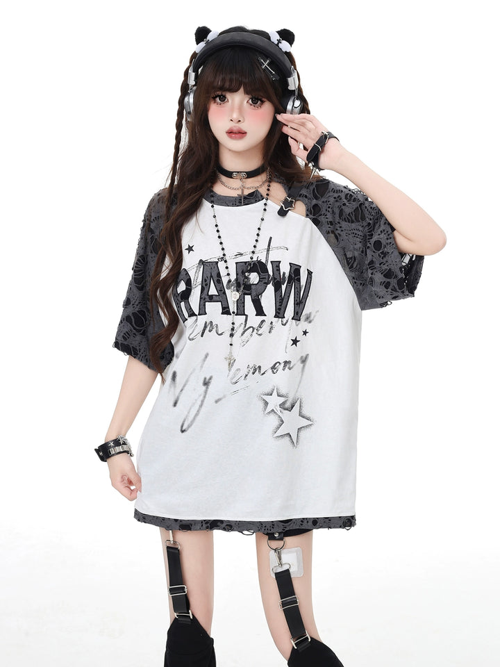 Star Patch Lace Sleeve Oversized T-Shirt